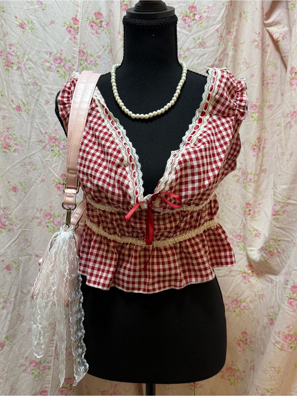 Cider Red Gingham Lace-Trim Crop Peplum Top